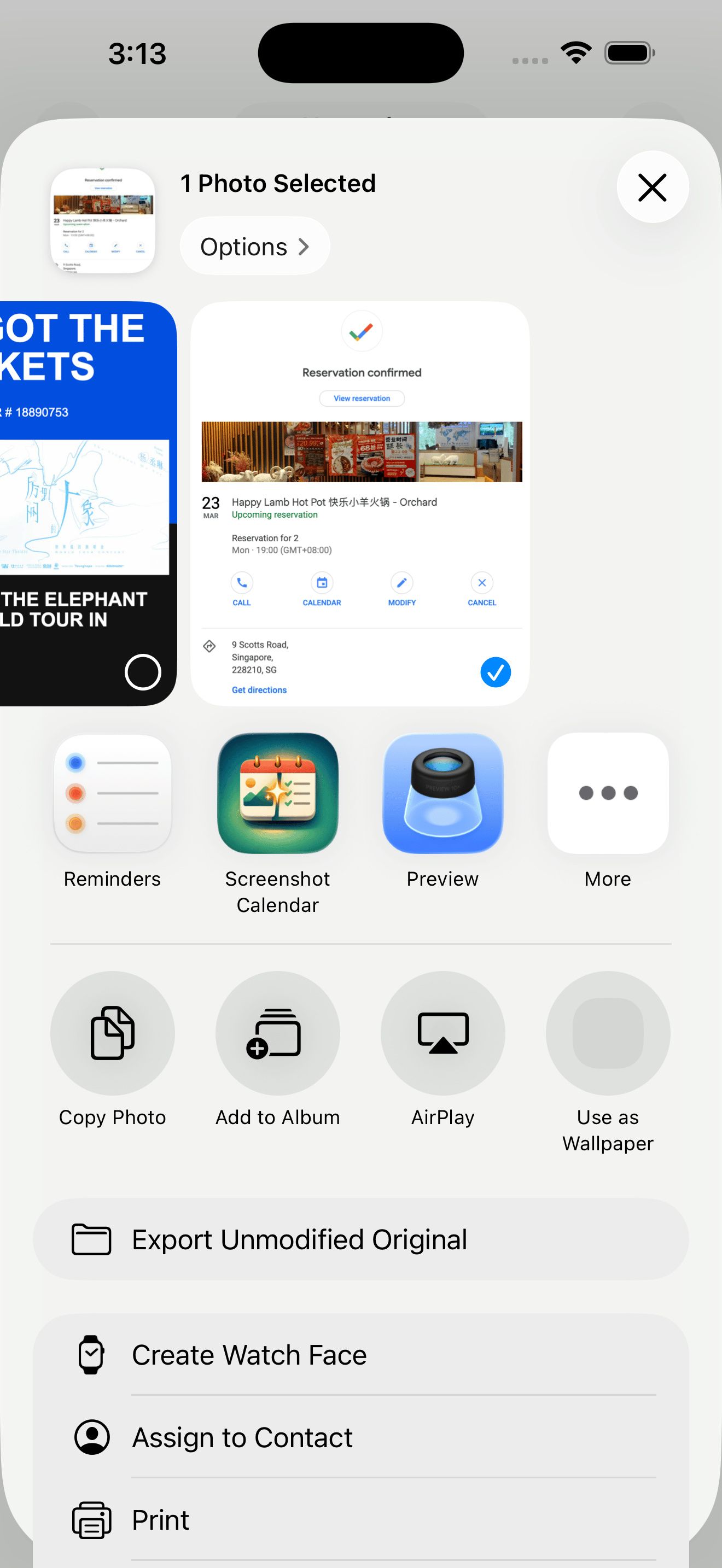 The iPhone share sheet with Screenshot Calendar available as a share target.