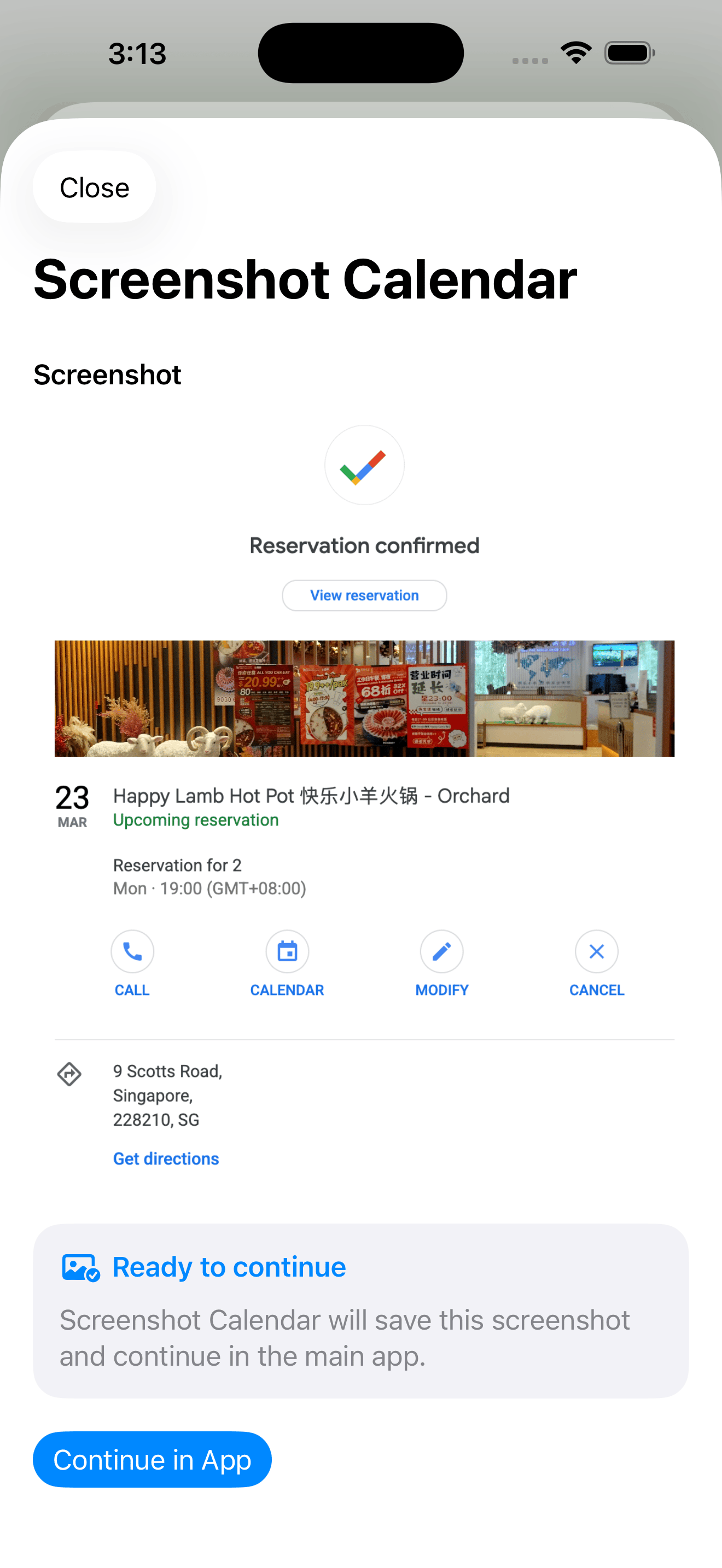 Screenshot Calendar share extension previewing a screenshot before opening the app.