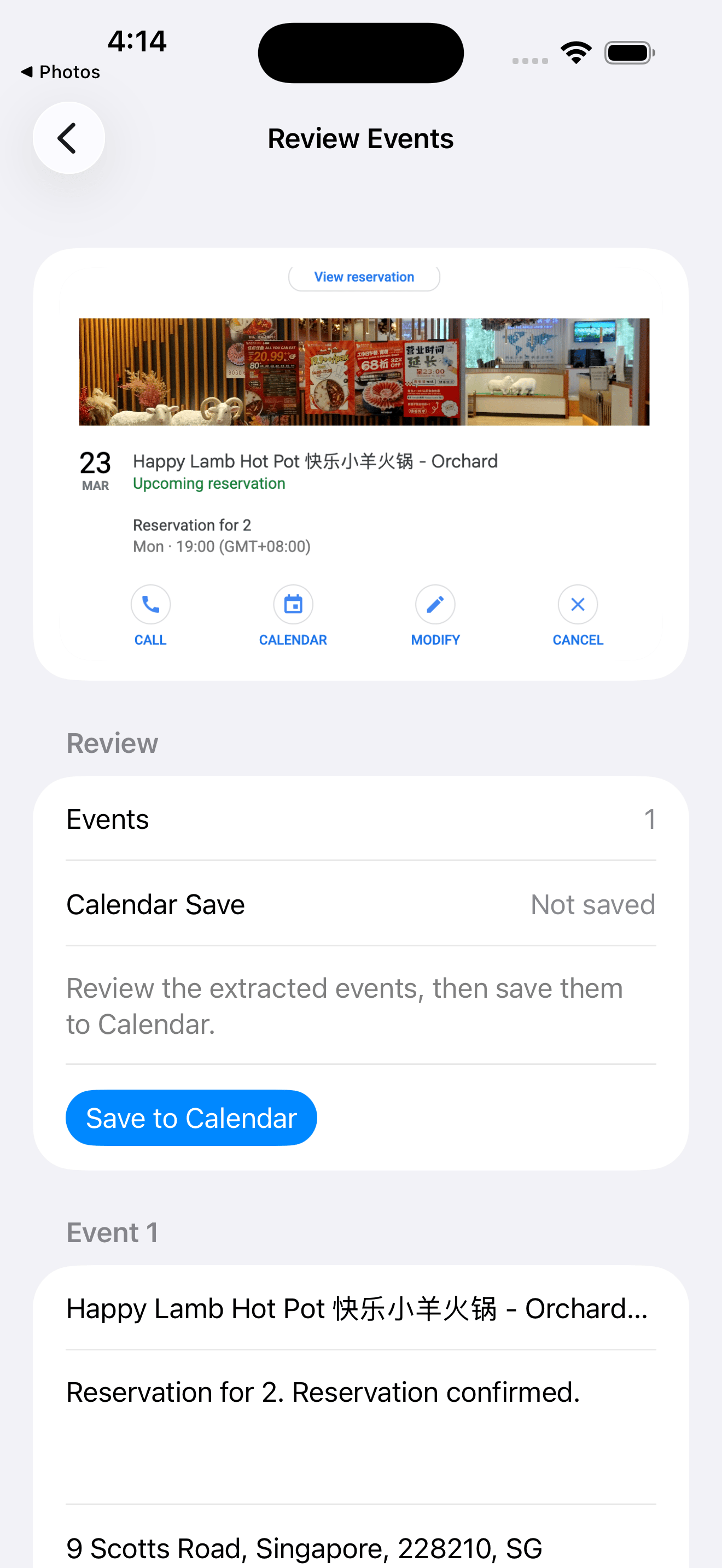 The extracted event draft ready for review in Screenshot Calendar.