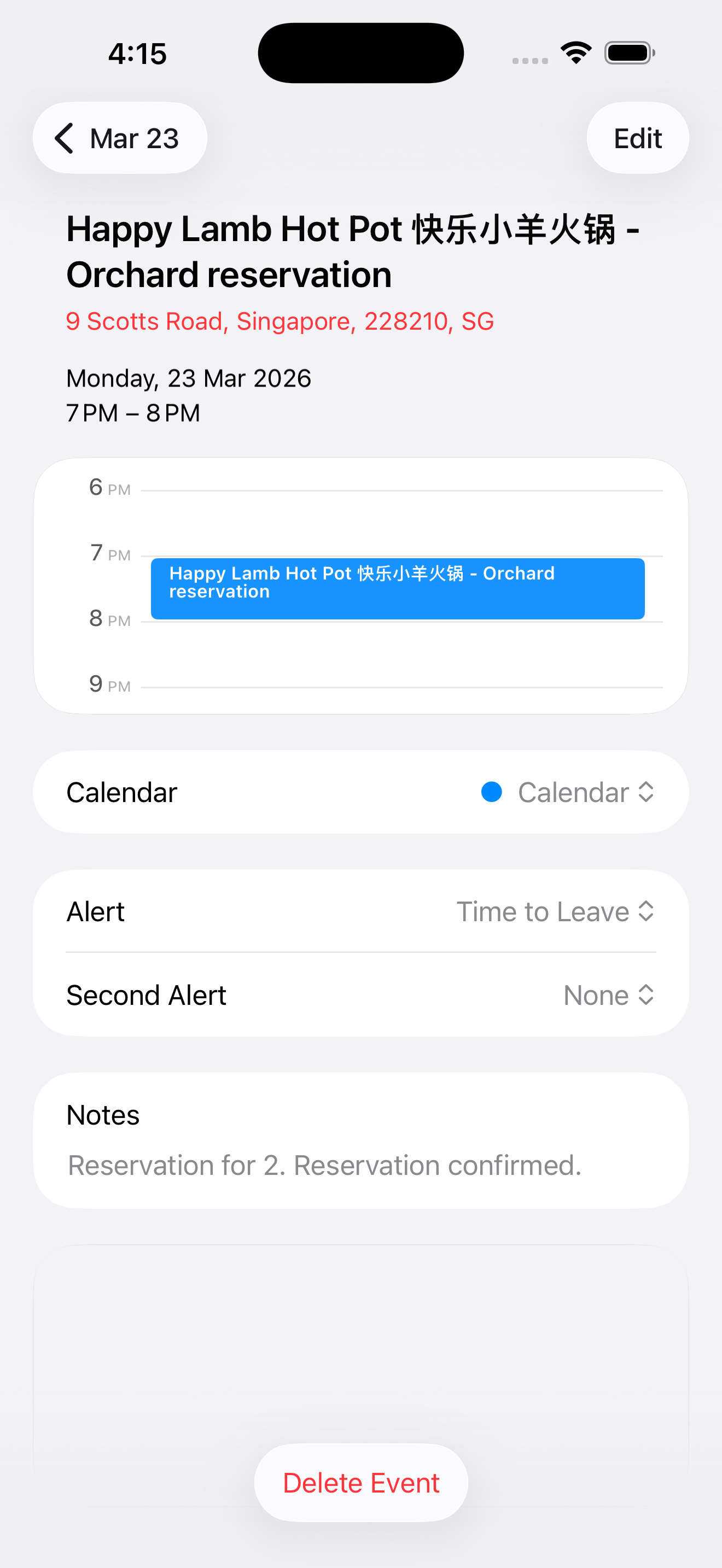 The final event saved inside the iPhone Calendar app.